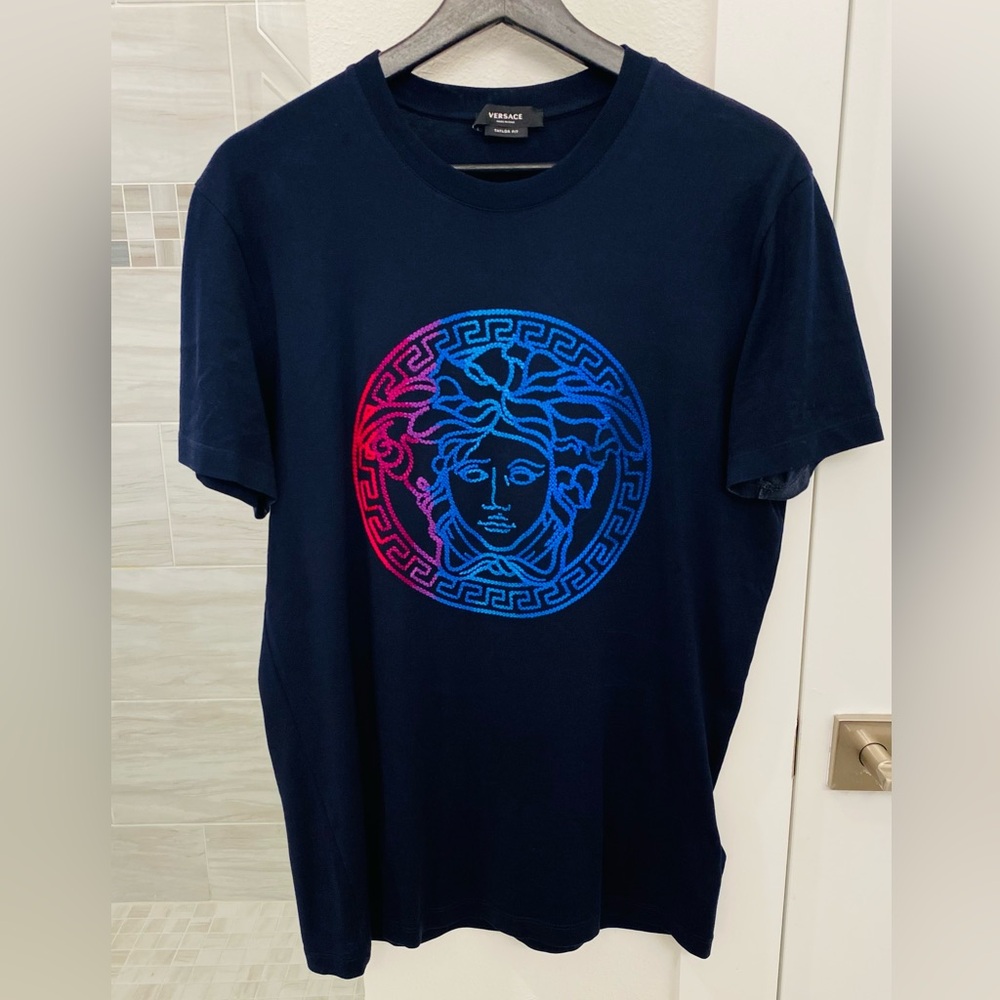 Versace Men's Navy Blue T-Shirt with embroidered Medusa Design